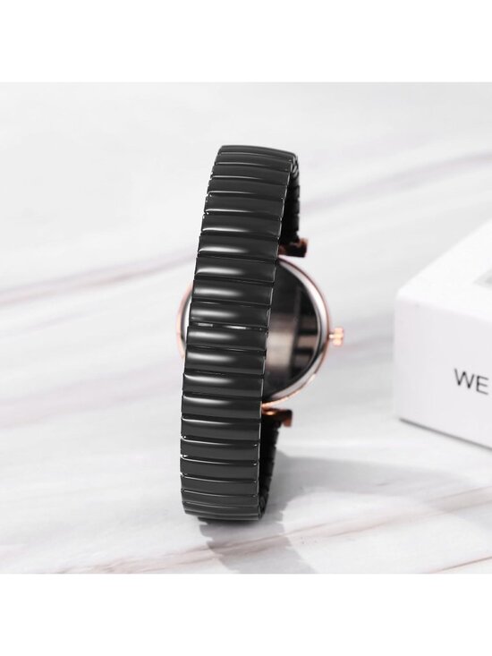 Women\'s All Black Analog Elastic Strap Arabic Numerals Waterproof Wrist Watch main image 4